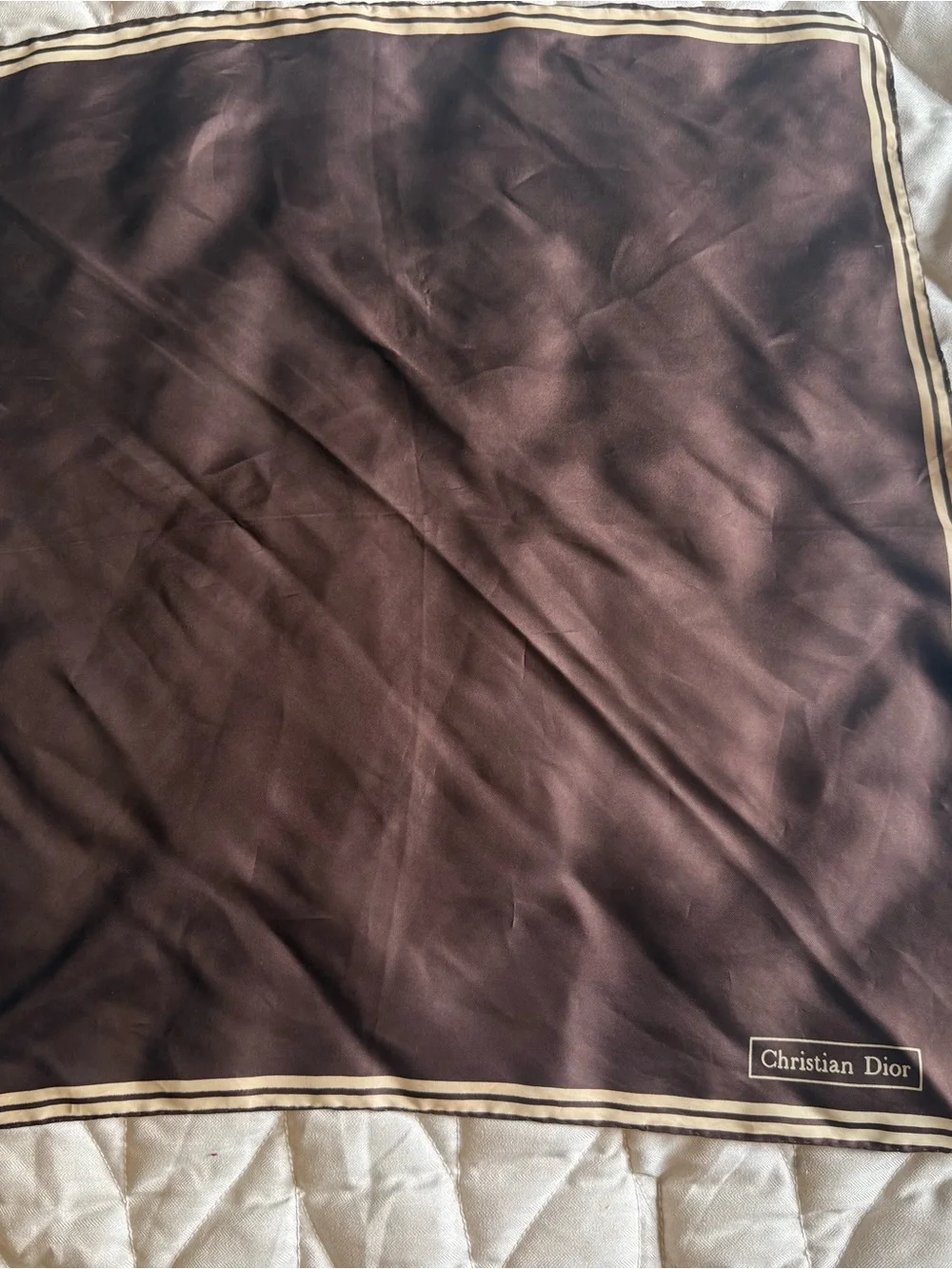 Christian Dior Brown Silk Scarf/Handkerchief Cream Striped Trim -